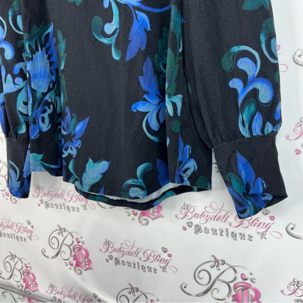 Chico's blouse long sleeve sequins sparkly shimmer Black and Blue Floral Blouse - Picture 4 of 9